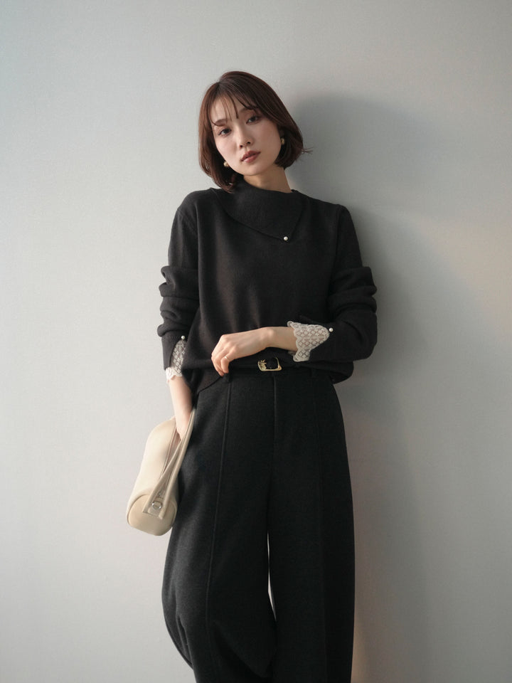 [予約]袖レースパール付き配色ニットトップス/darkbrown