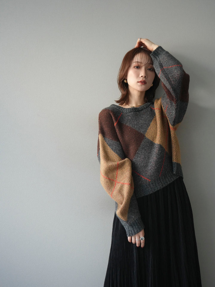 [予約]配色ステッチアーガイル柄ニットプルオーバー/charcoal