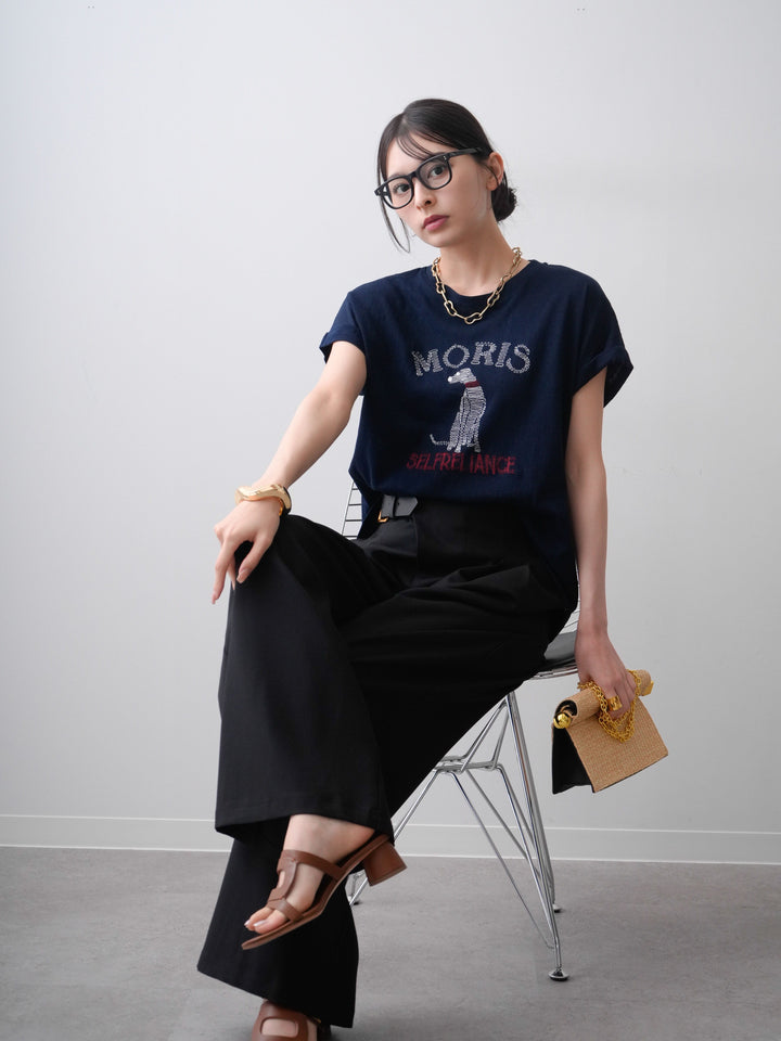 [SET]ドッグエンブロイダリーTEE+アシンメトリーベルトタックワイドパンツ(2set)