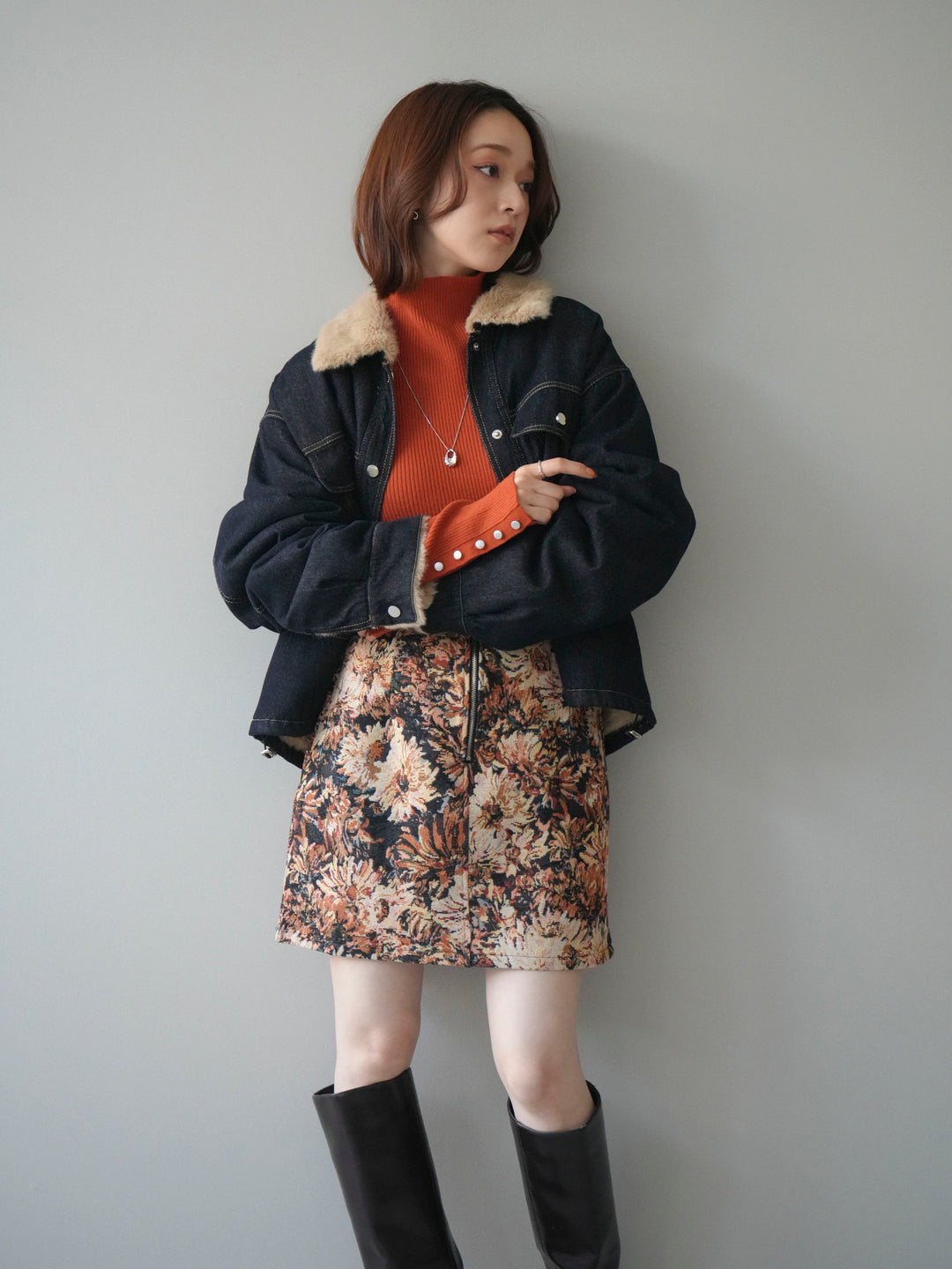 [予約]デニム×ファーステンカラーショートジャケット/indigo