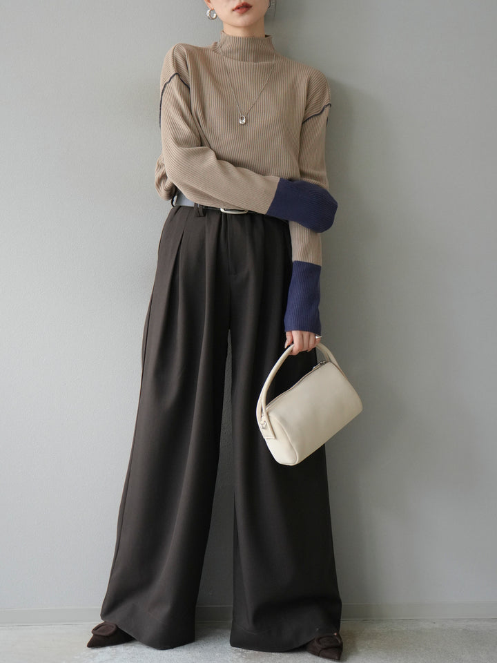 [予約]ボトルネック配色リブニットプルオーバー/ベージュ×アイアンブルー