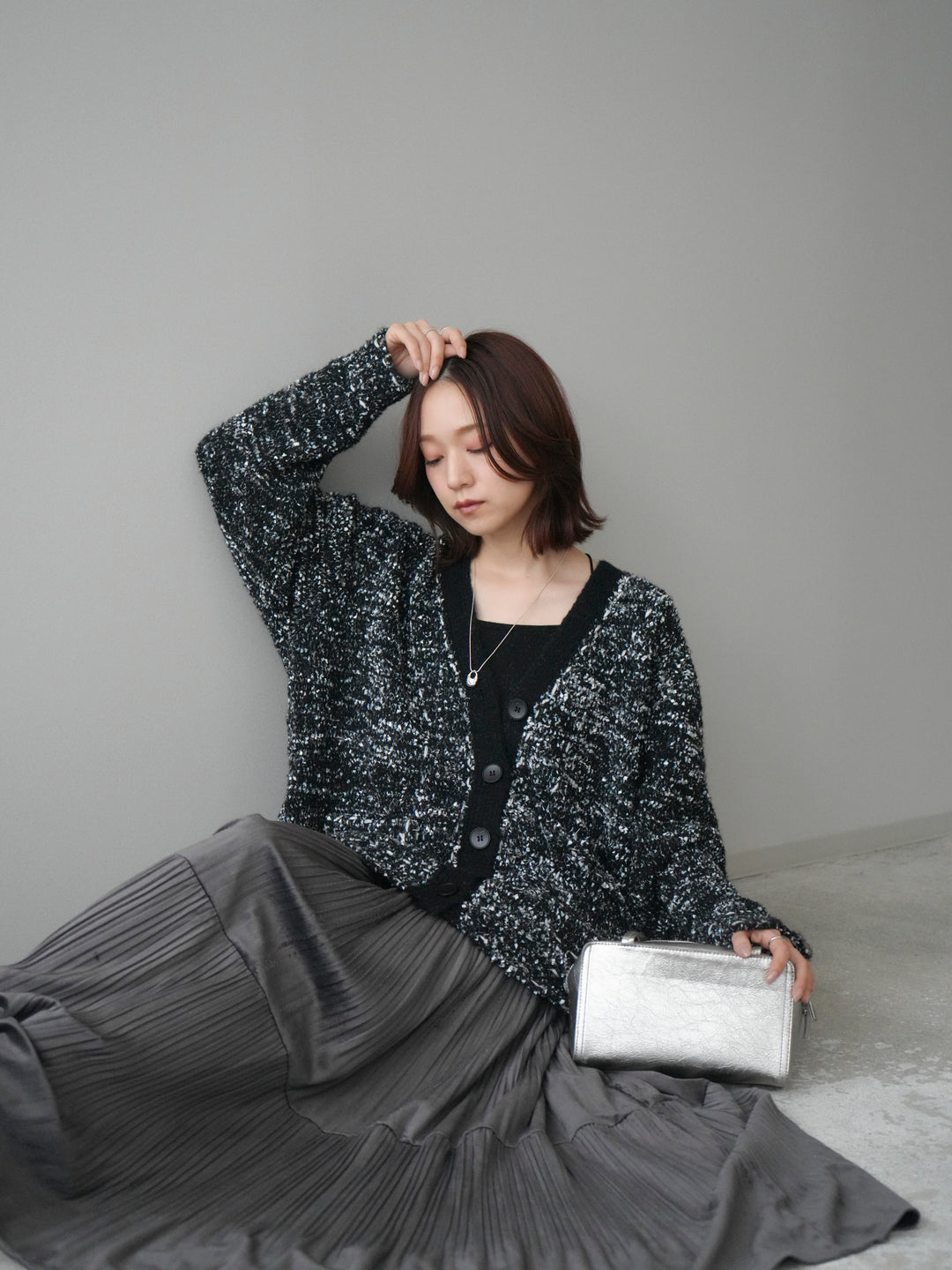 [SET]モールネップニットカーディガン+ベロアティアードワッシャースカート(2set)