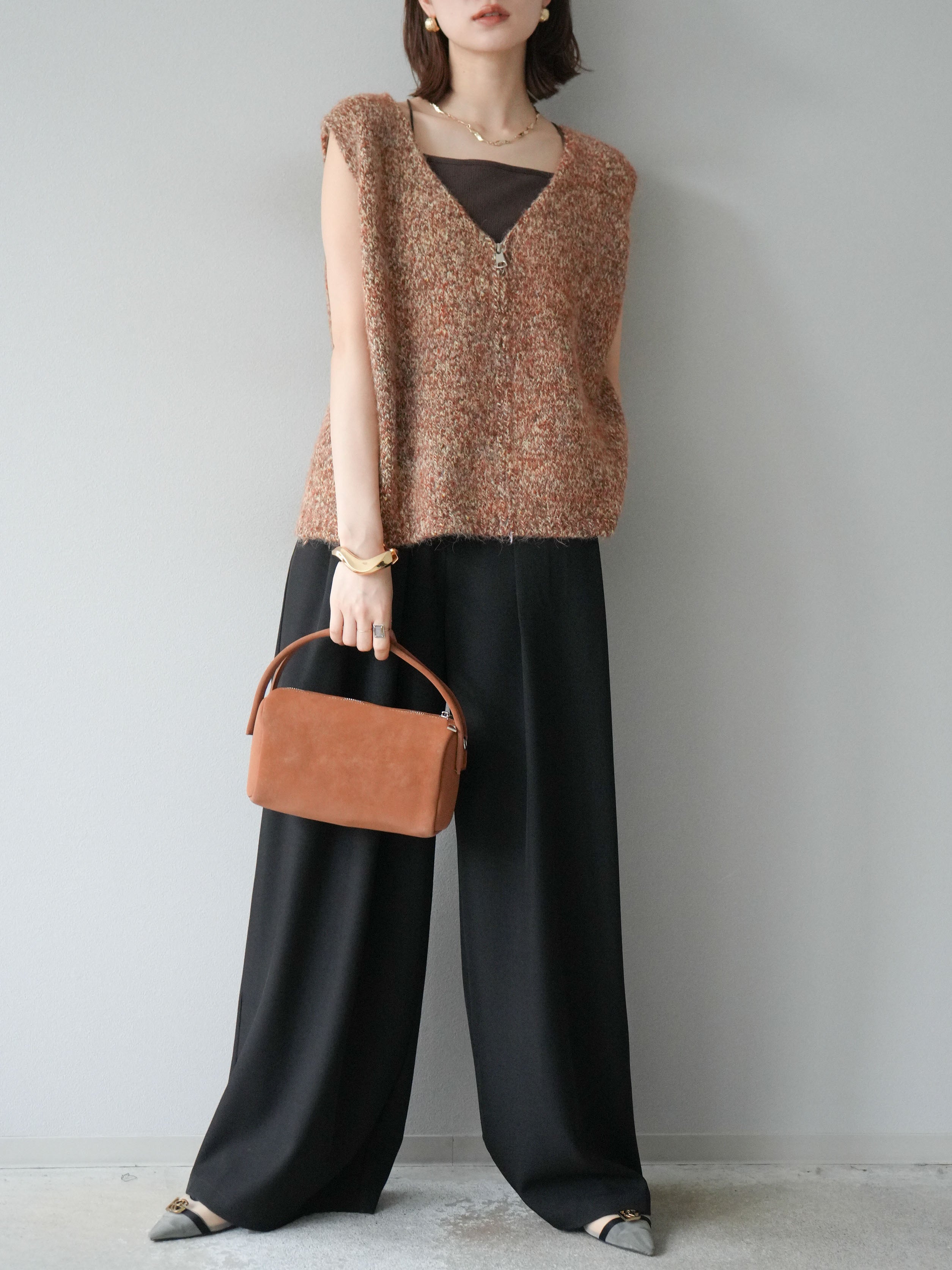 予約]フロントZIPミックスニットベスト/キャメル – Lumier