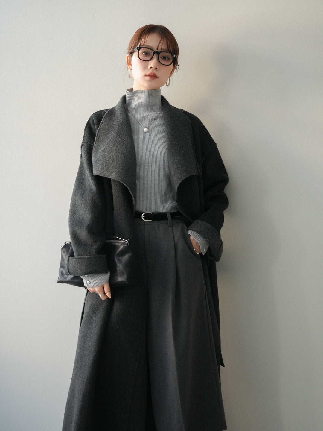 [予約]ダブルフェイスバイカラーロングコート/charcoal