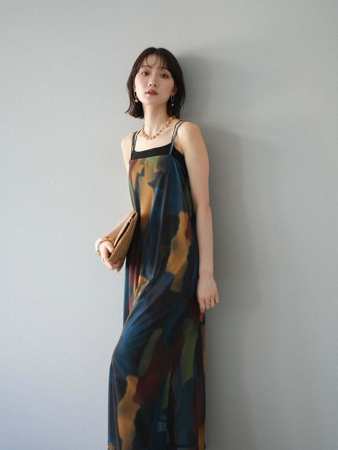 [SET]水彩アートシアーキャミワンピース+カップ付きバッククロスキャミソール(2set)