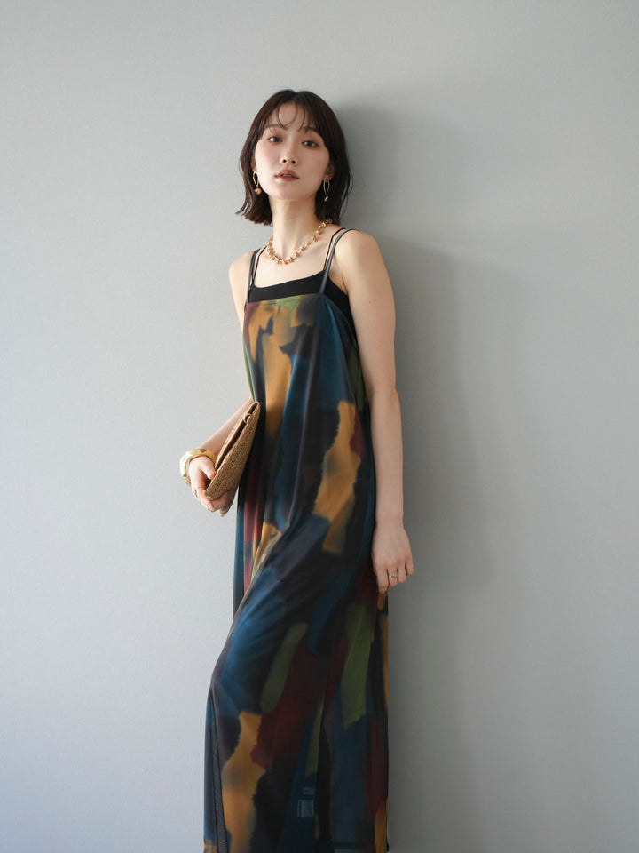 [SET]水彩アートシアーキャミワンピース+カップ付きバッククロスキャミソール(2set)