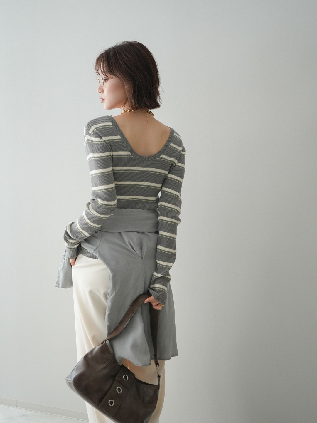 [予約]バックオープンテレコリブマルチボーダートップス/gray