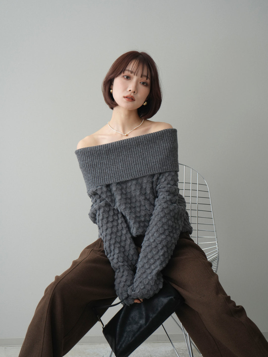 [予約]ポコポコ編みオフショルニットプルオーバー/gray