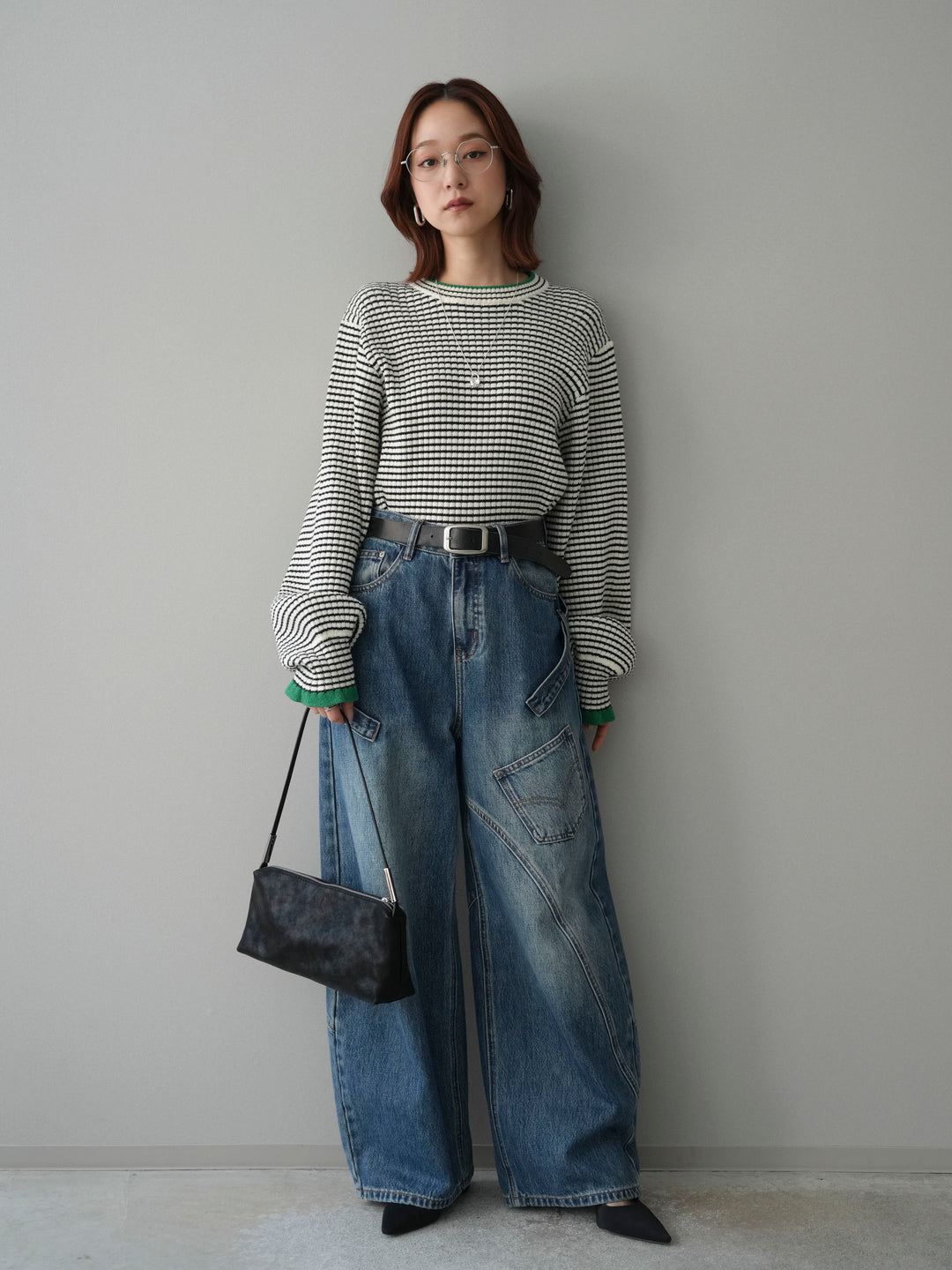 [SET]ラメ異素材ボーダーリブニットプルオーバー+ペインターカーブデニムパンツ(2set)