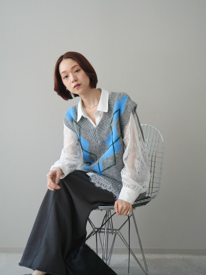 [SET]アーガイルVネックニットベスト+選べるアクセセット(2set)