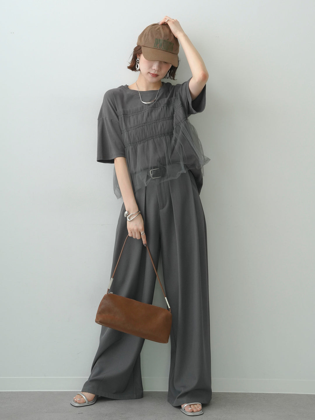 [SET]ギャザーチュールドッキングTEE+ベルトループデザインワイドパンツ(2set)