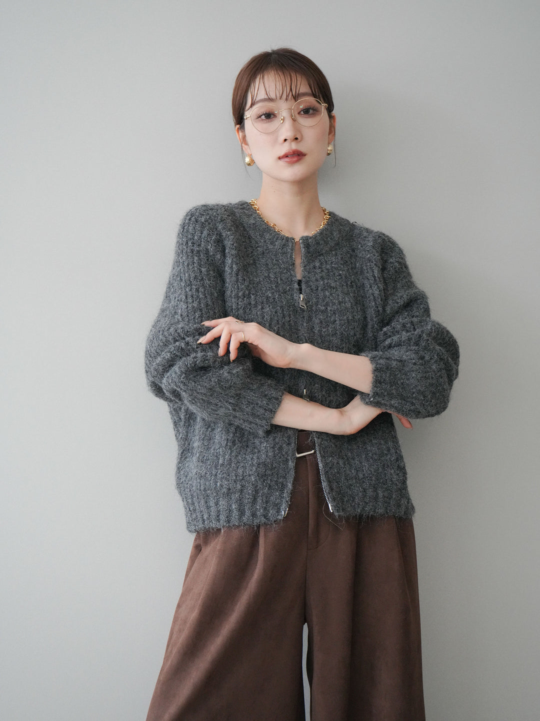 [予約]MIXヤーンモヘアタッチZIPニットカーディガン/gray