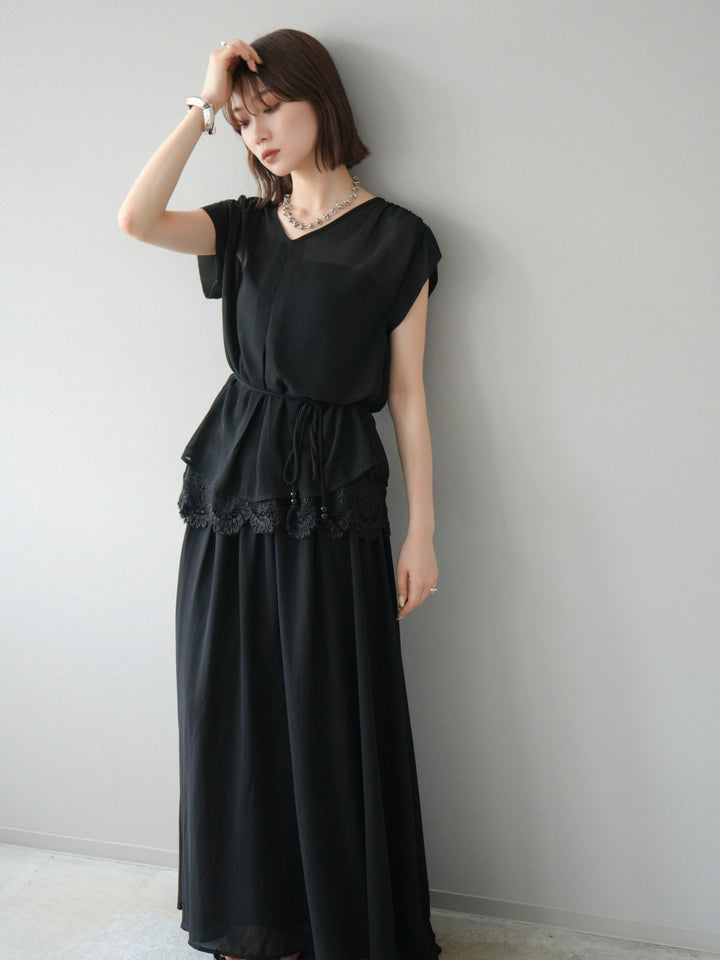 [SET]シフォンブラウス＆レースデザインフレアスカートSET UP(2set)