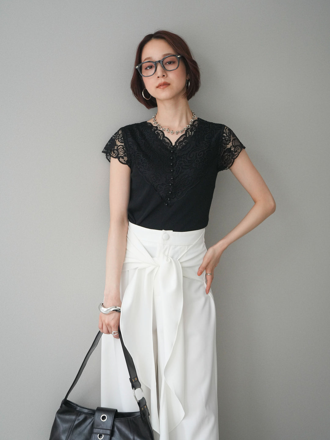 [SET]パールボタンレース切替ニットトップス+パールボタンレース切替ニットトップス(2set)