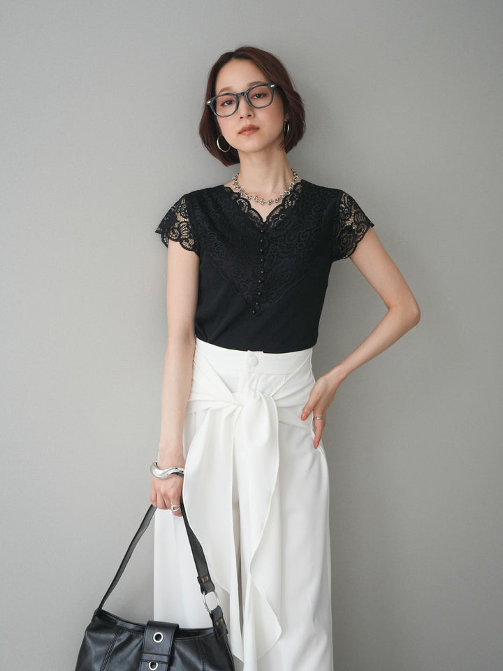 [SET]パールボタンレース切替ニットトップス+パールボタンレース切替ニットトップス(2set)