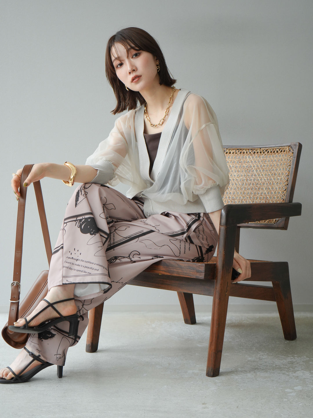 [SET] 透視半袖褶皺開襟衫 + 彩繪圖案褶襉褲 (2set)