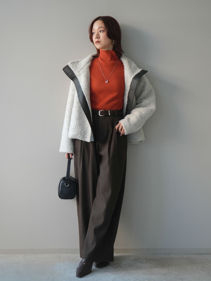 [SET]レザー切替ブークレブルゾン+袖ボタンボトルネックリブニットトップス+アニマル柄ベルト付きウールタッチワイドパンツ(3set)