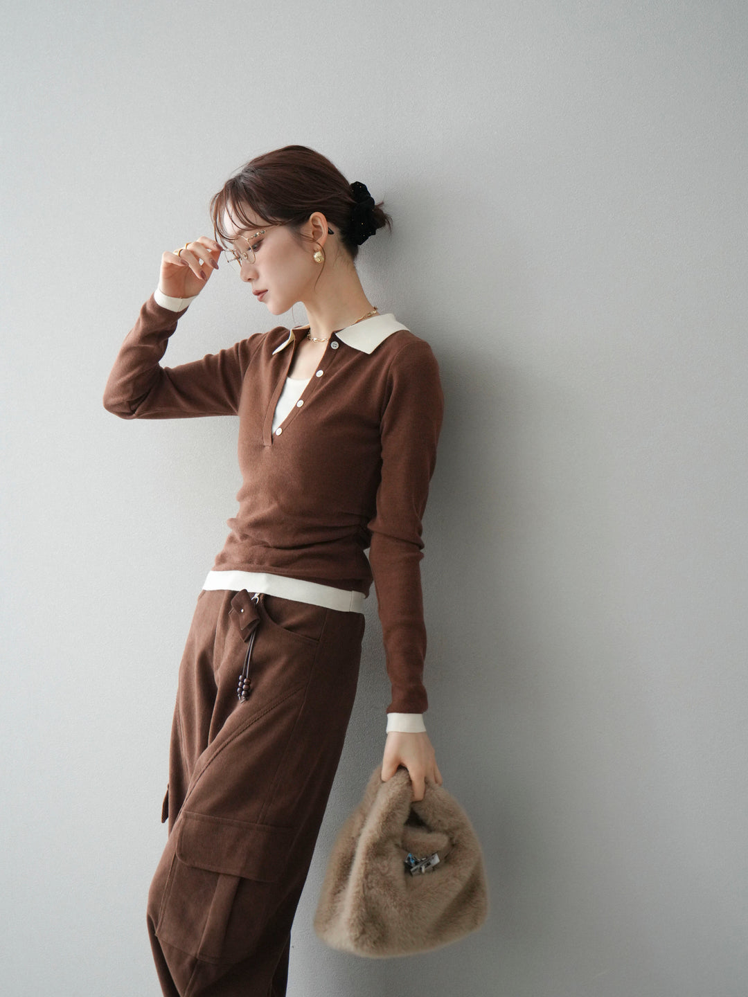 [予約]レイヤード配色ポロニットトップス/brown