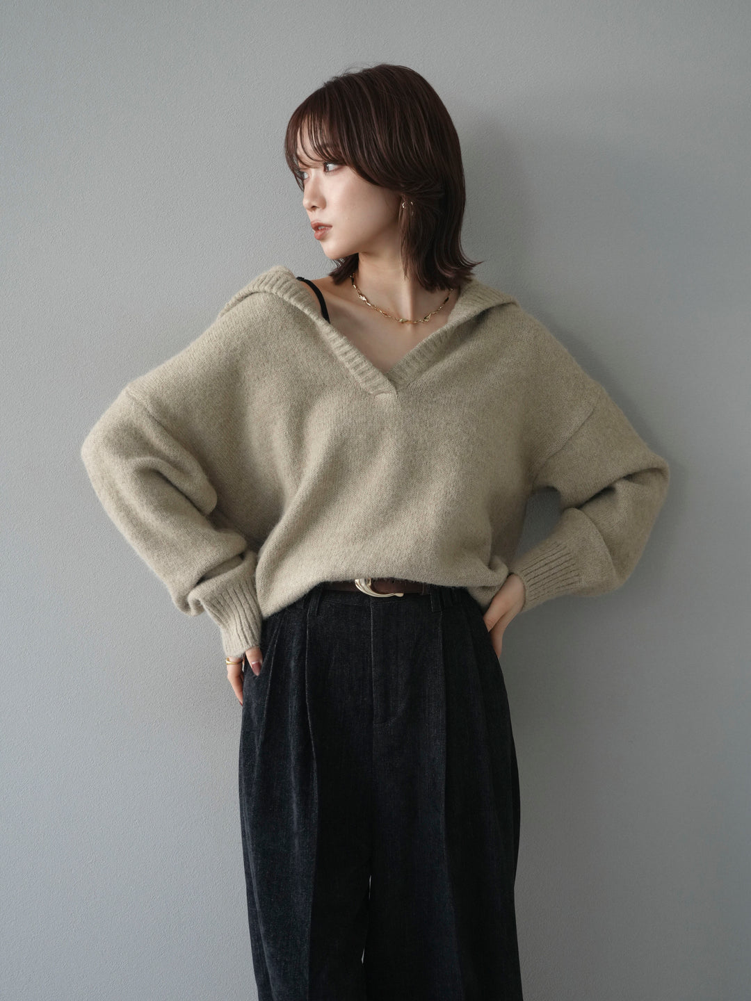 [予約]スキッパーニットプルオーバー/beige