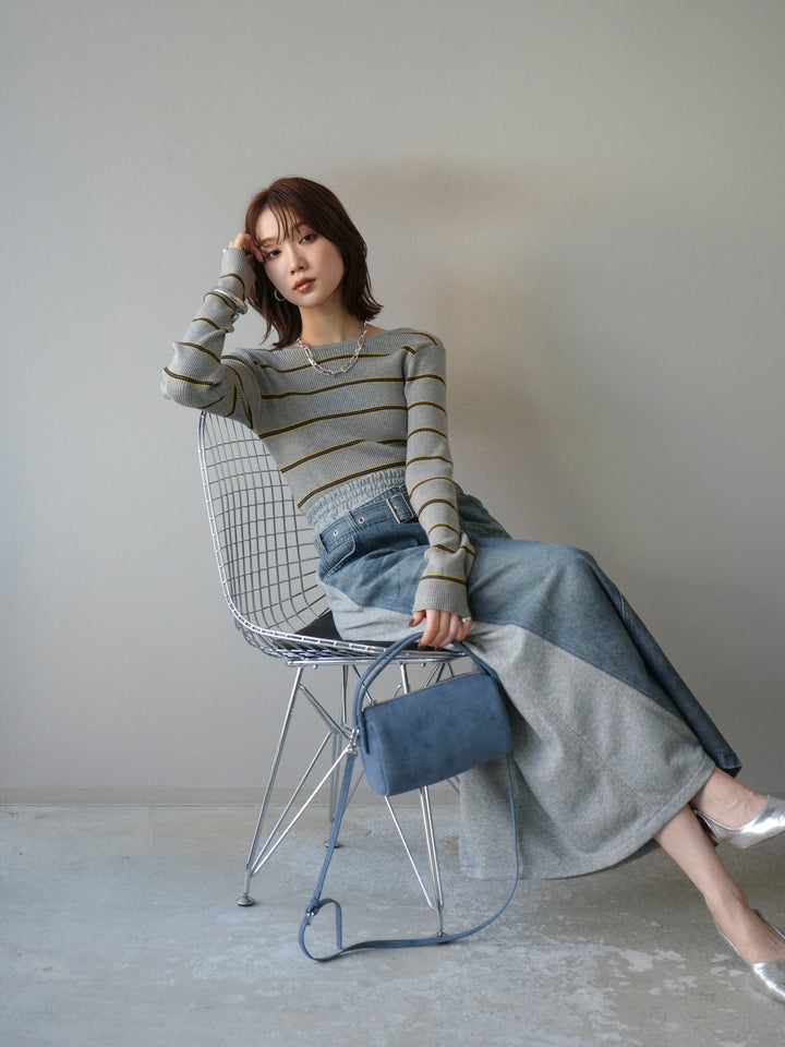 [予約]バックオープンボーダーテレコリブトップス/グレー