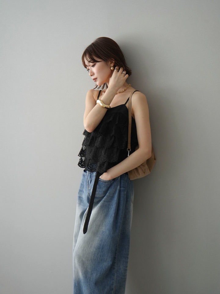 [SET]スカラップレースフリルキャミソール+フロントポケットサイドタックワイドデニム(2set)