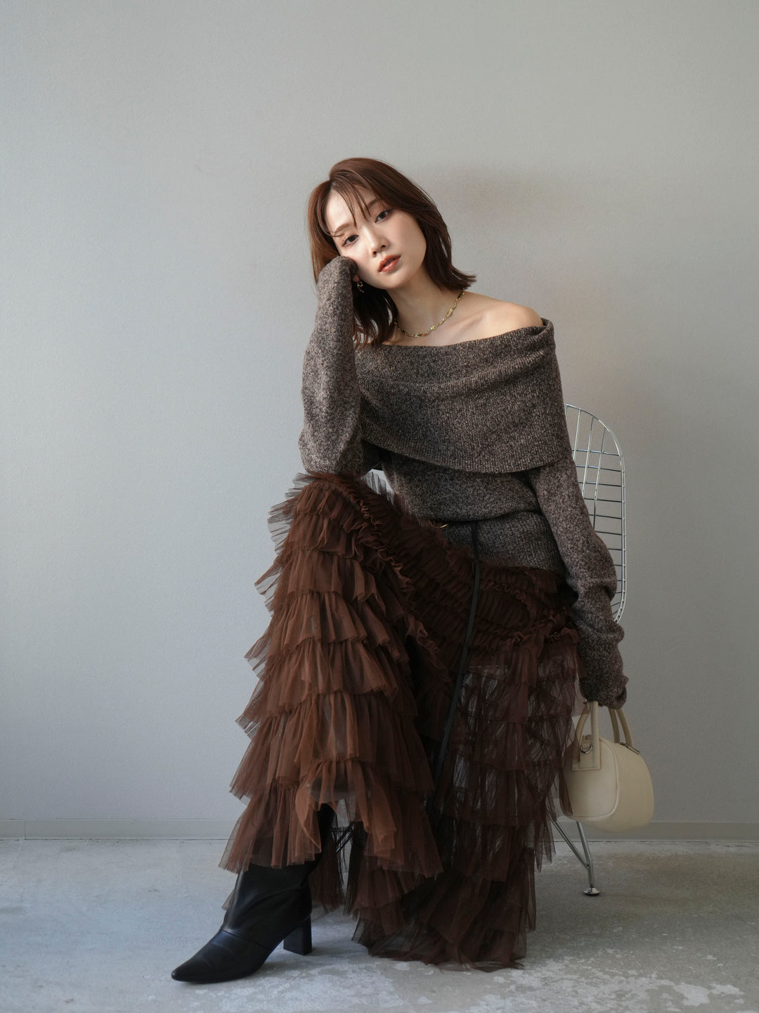 [予約]ミックスヤーンオフショルニットプルオーバー/ブラウン