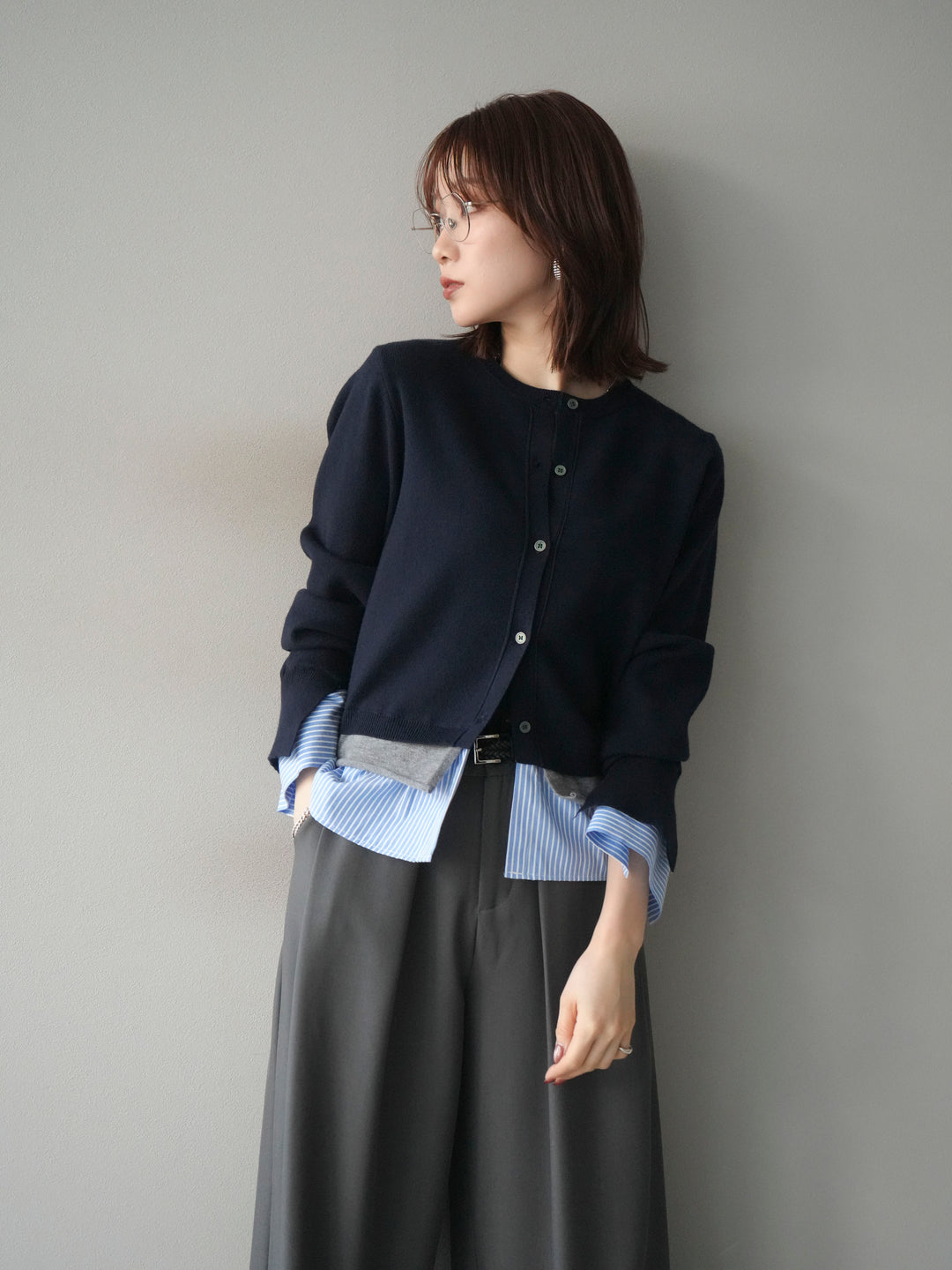 [予約]シャツ襟レイヤードニットカーディガン/navy