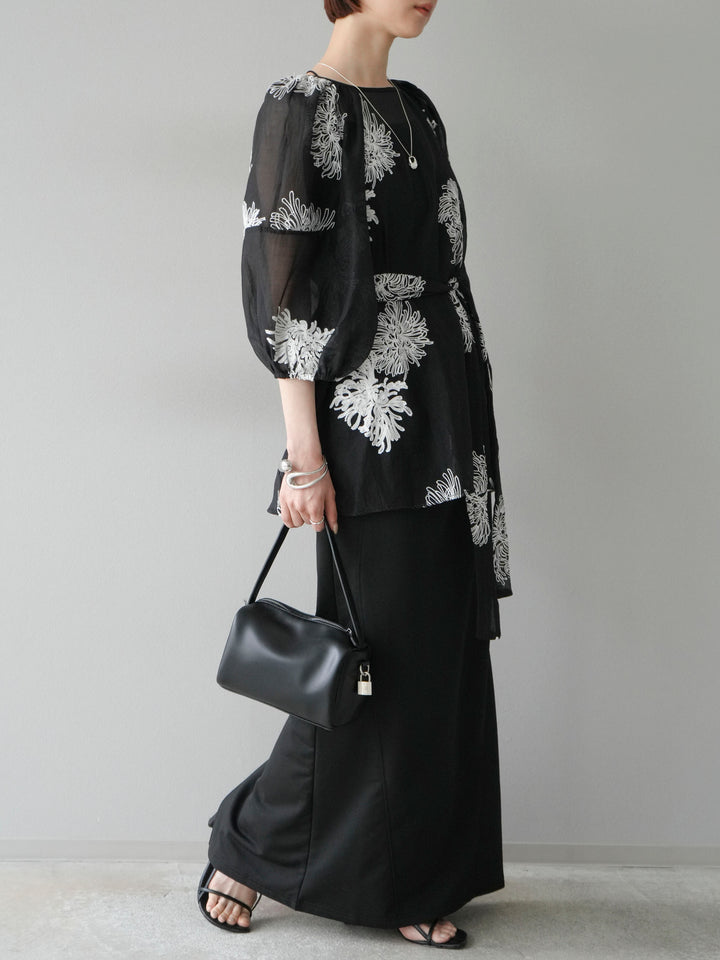 [SET]刺繍シアーバルーンスリーブブラウス+スウェットロングスカート(2set)