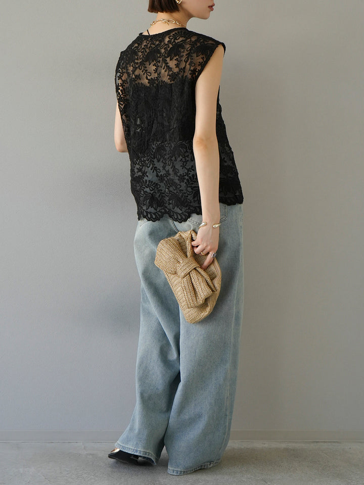 [SET] Front slit lace blouse + wide loose denim (2set)