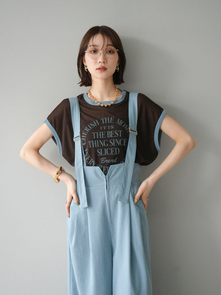 [SET]ストリングデザインハイウエストサロペット+シアーフライス ロゴプリントT (2set)