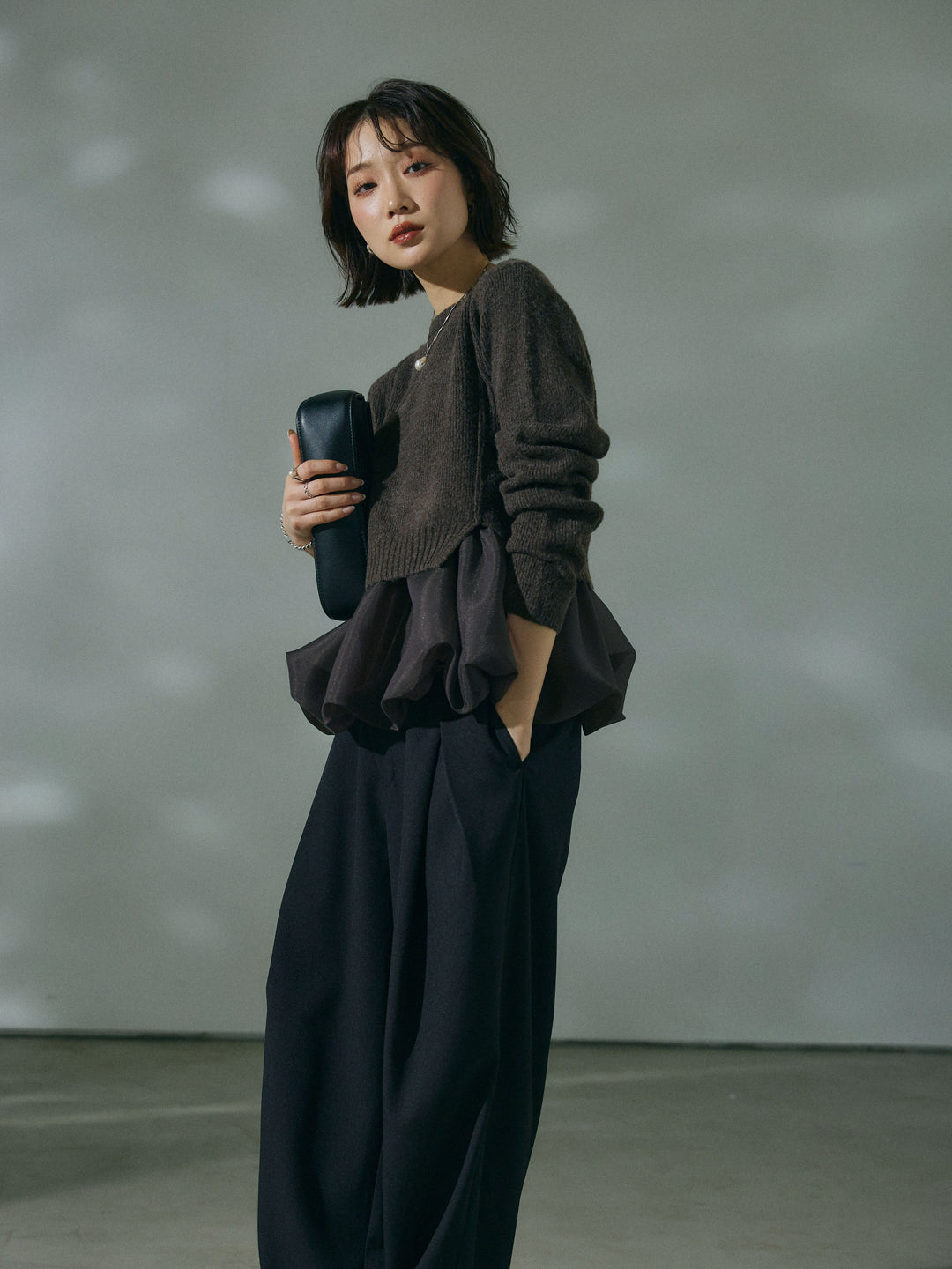 【Allure】[SET]オーガンジーバルーンキャミアンサンブルニット+アシンメトリーウエストタックパンツ(2set)