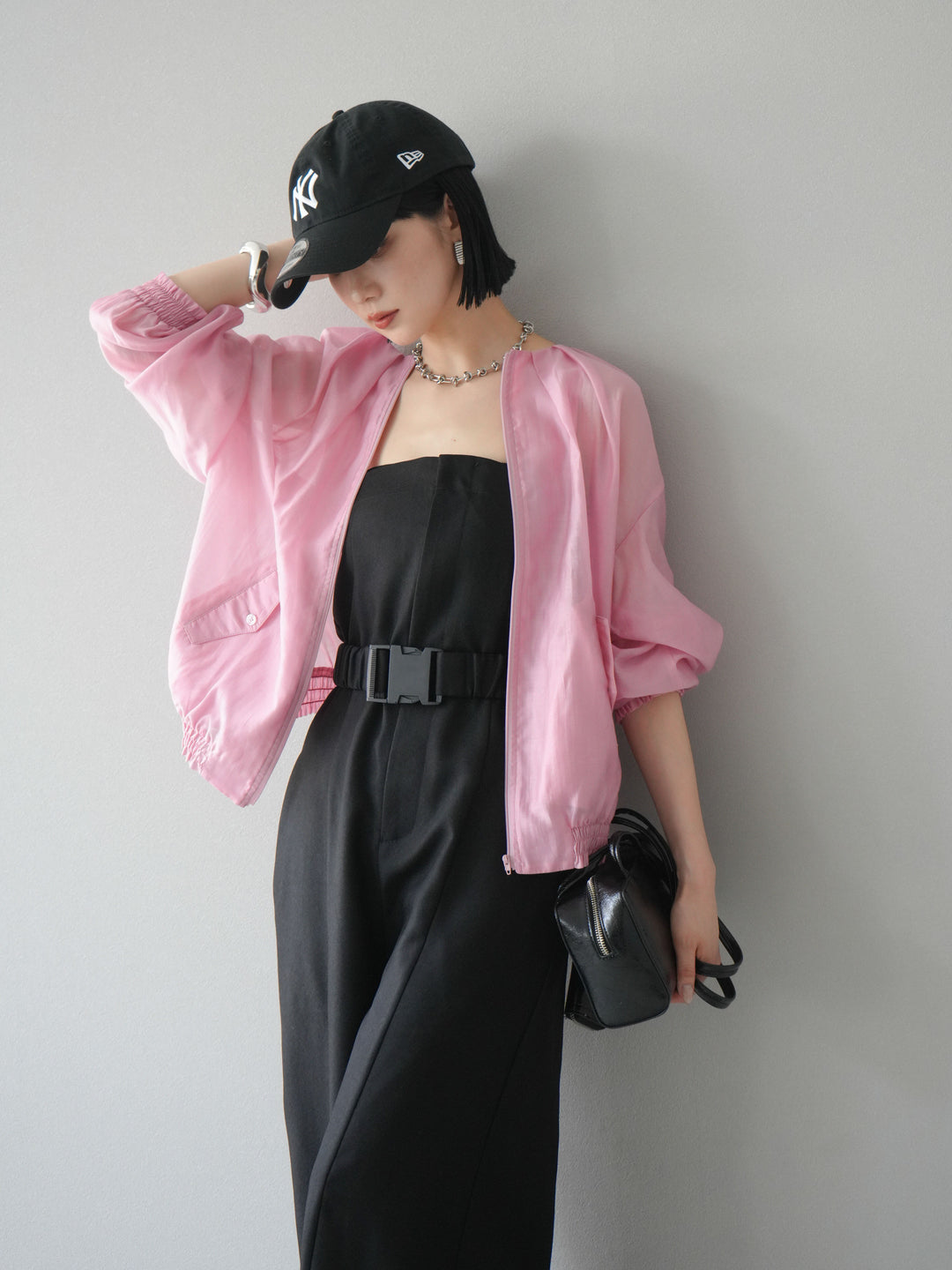 [SET]タックデザインシアーブルゾン+ヘザーツイルベルト付ベアサロペット(2set)