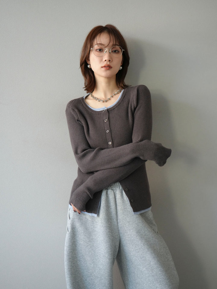 [予約]レイヤード配色ニットカーディガン/グレー