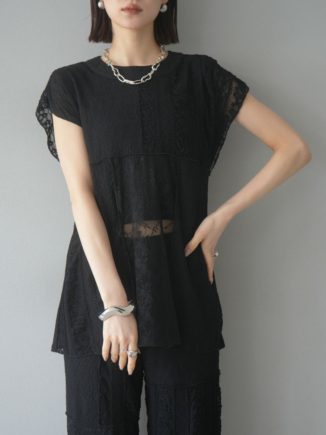 [予約]パッチワークレースフレンチプルオーバー/ブラック