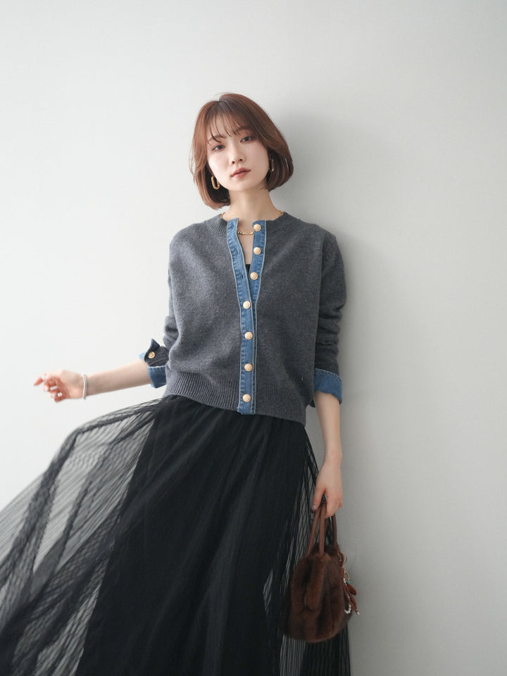 [SET]クルーネックデニムドッキングニットカーディガン+選べるアクセセット(2set)