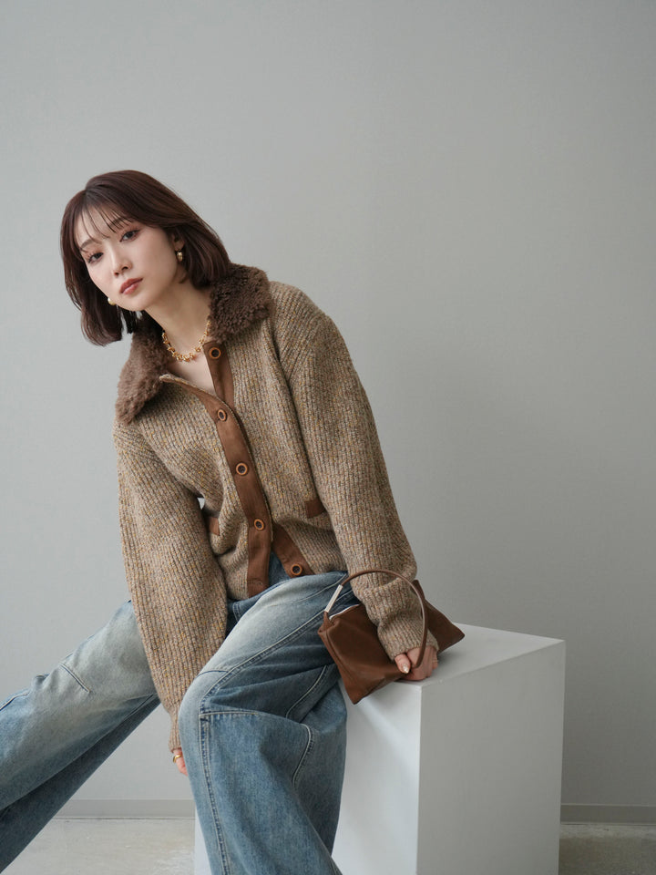 [予約]襟ボアミックスヤーンニットカーディガン/brown