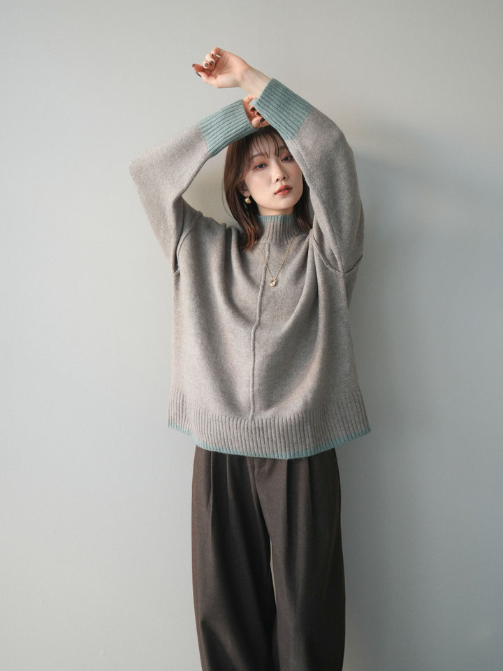 [SET]配色ハイネックニットプルオーバー+アニマル柄ベルト付きウールタッチワイドパンツ(2set)