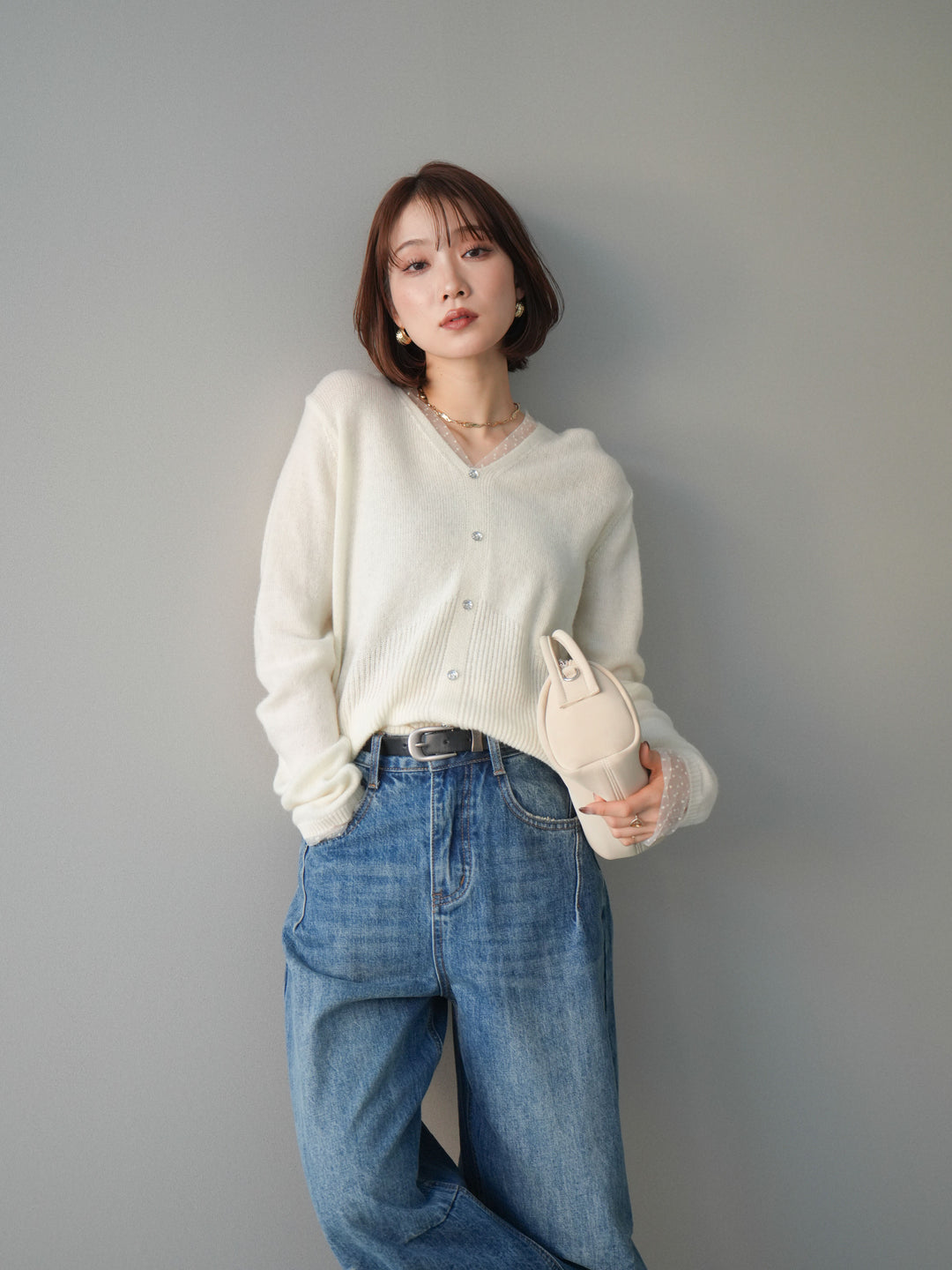 [SET]ドットチュールレイヤードボタンニットトップス+選べるアクセセット(2set)