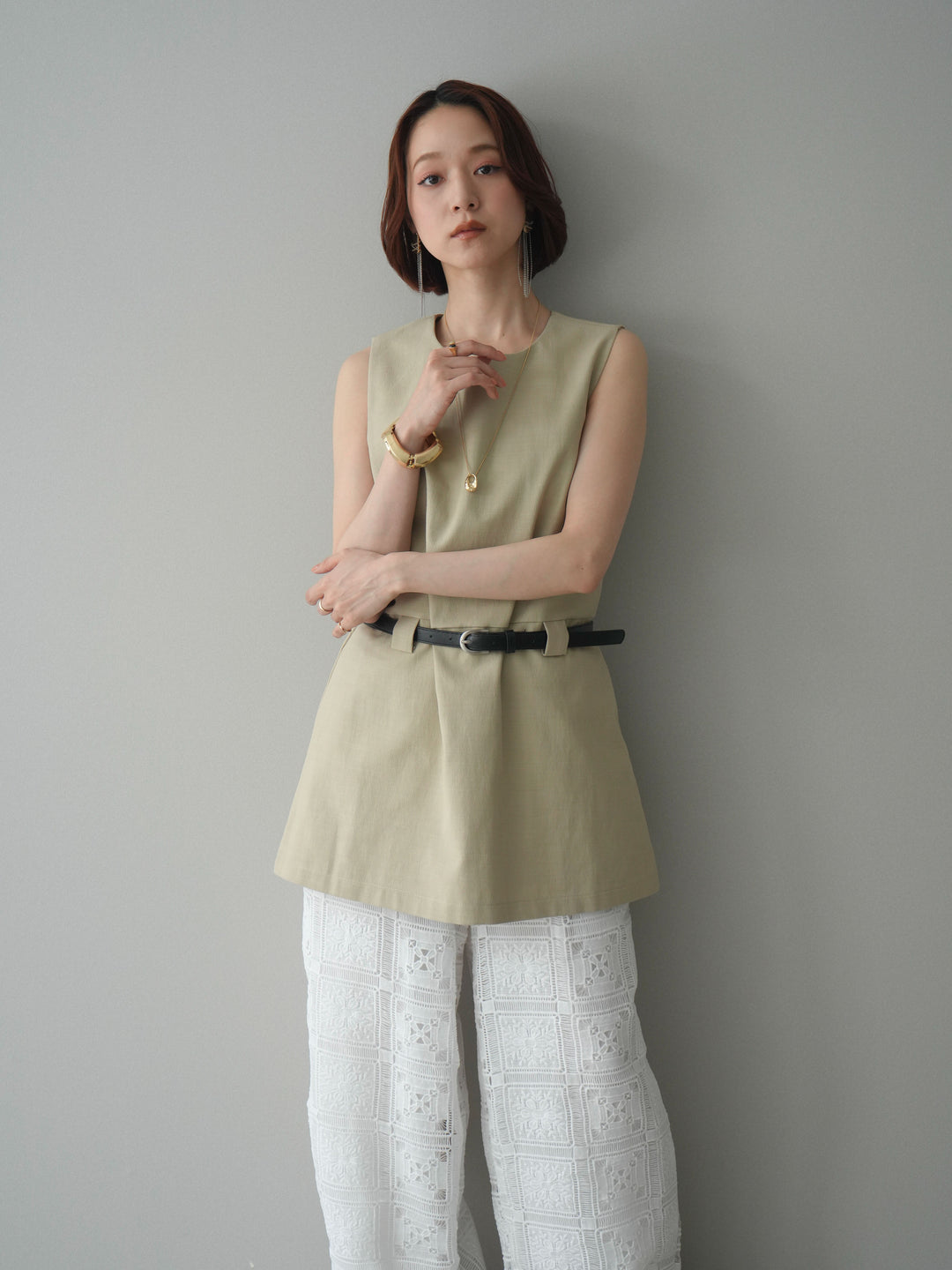 [SET]ベルト付リネンライクノースリチュニック+選べるアクセセット(2set)