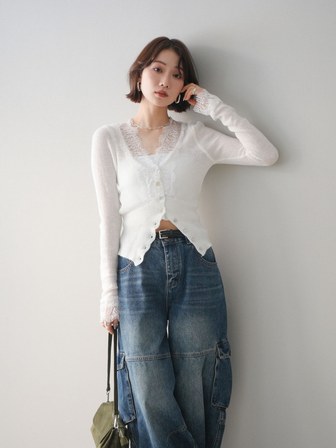 [予約]モヘアタッチレースニットカーディガン/off