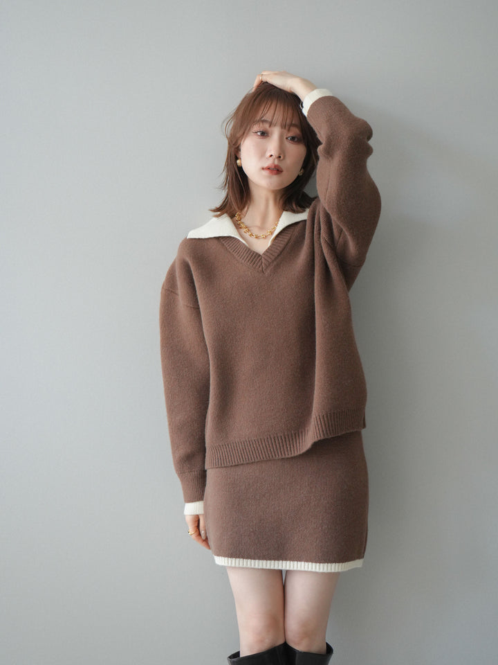 [SET]配色襟ニット＆ミニスカートSET UP(2set)
