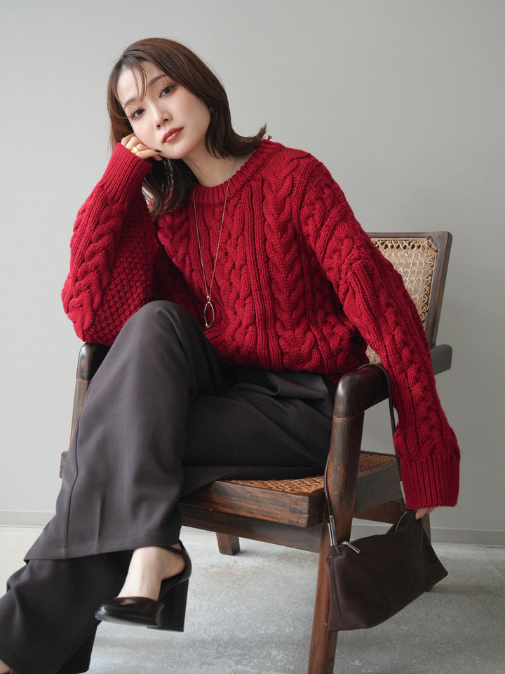 [予約]ボリュームケーブルニットプルオーバー/red