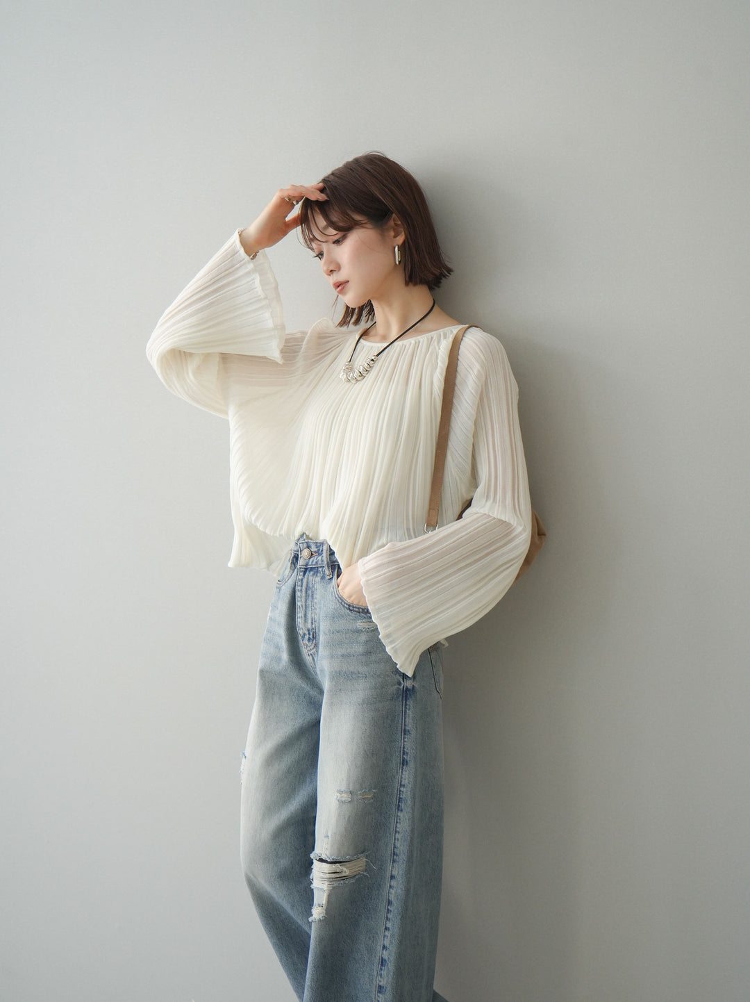 [SET]プリーツシアーフレアスリーブニットトップス+プリーツシアーフレアスリーブニットトップス(2set)