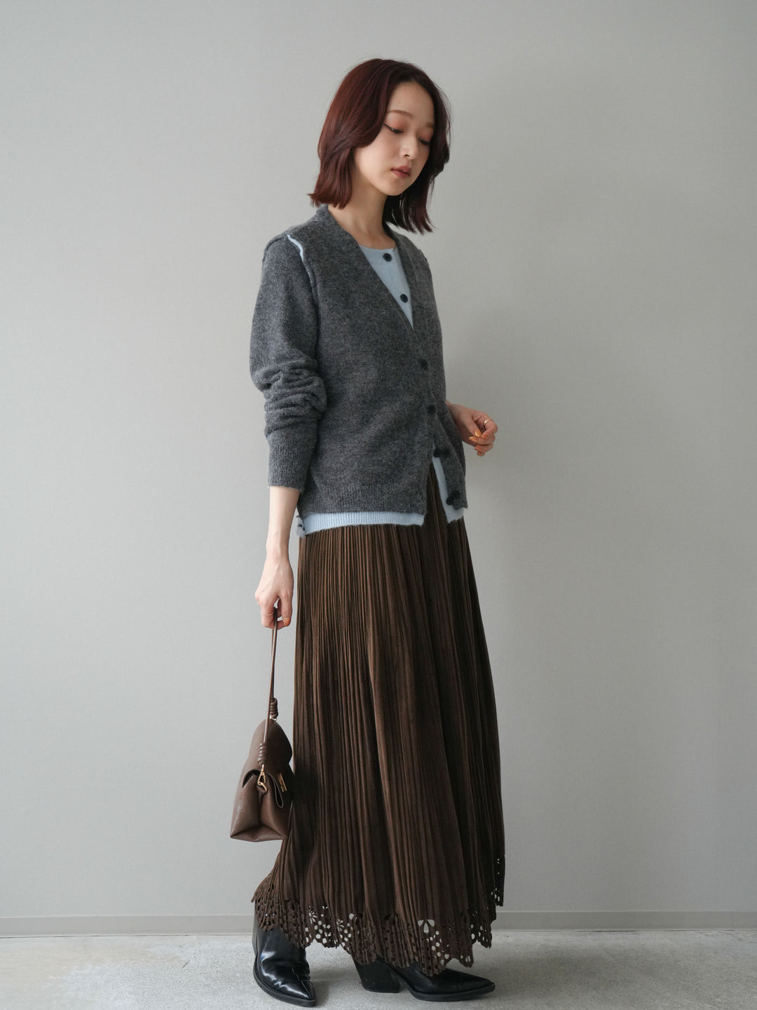 [予約]パンチングデザインスエードプリーツスカート/brown