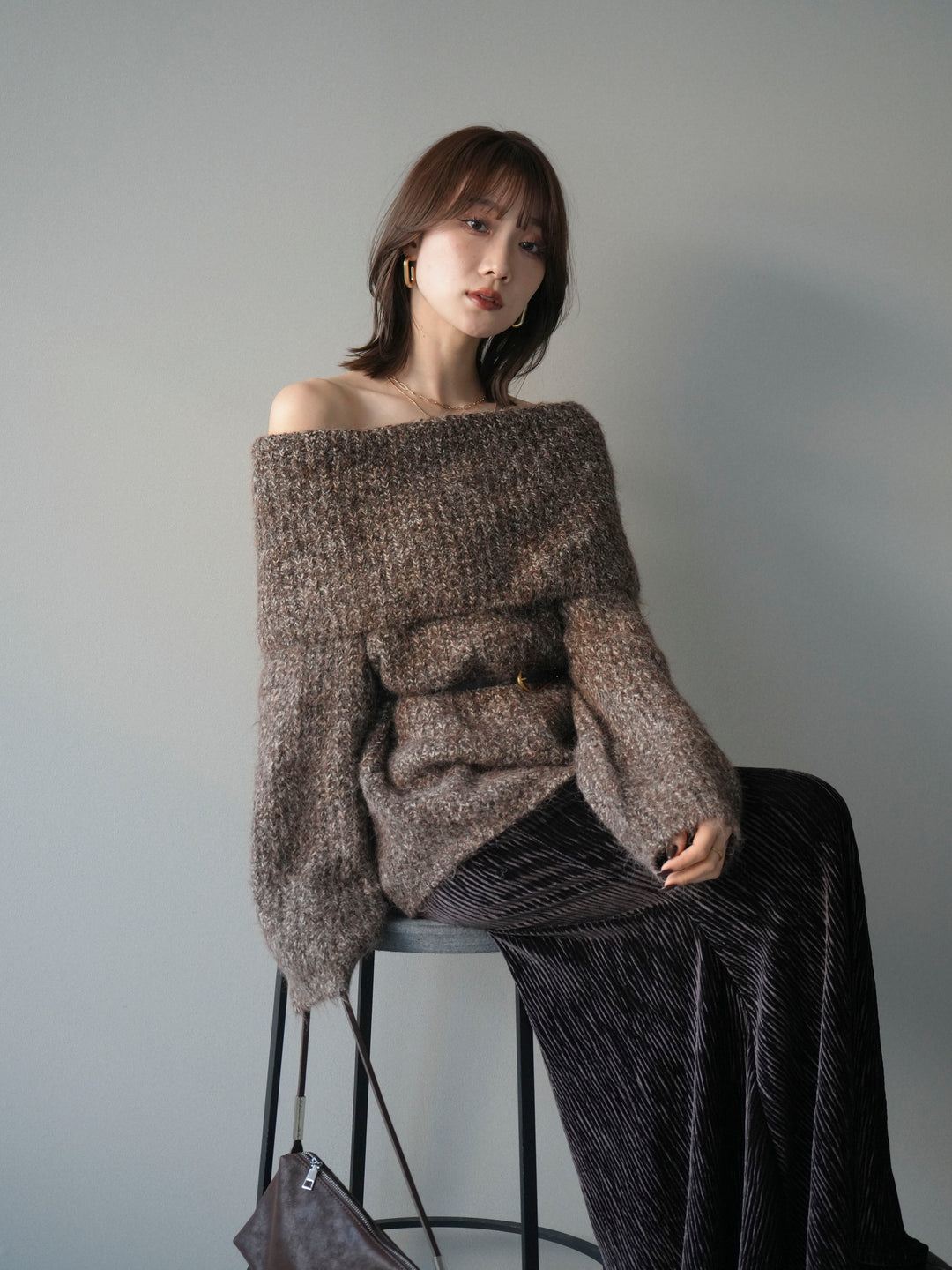 [予約]オフショルミックスニットプルオーバー/brown