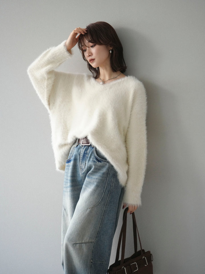 [予約]バックリボンVネックシャギーニットプルオーバー/ivory