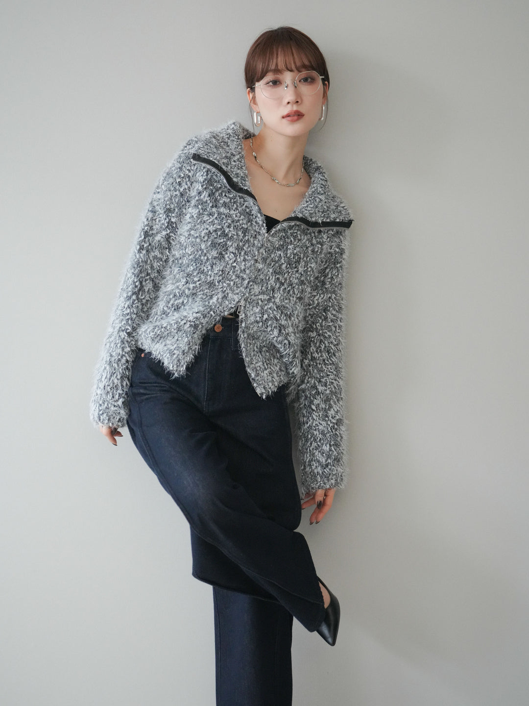 [予約]ミックスシャギージップニットカーディガン/black