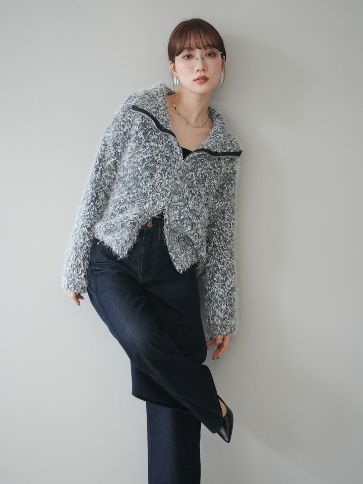 [予約]ミックスシャギージップニットカーディガン/black