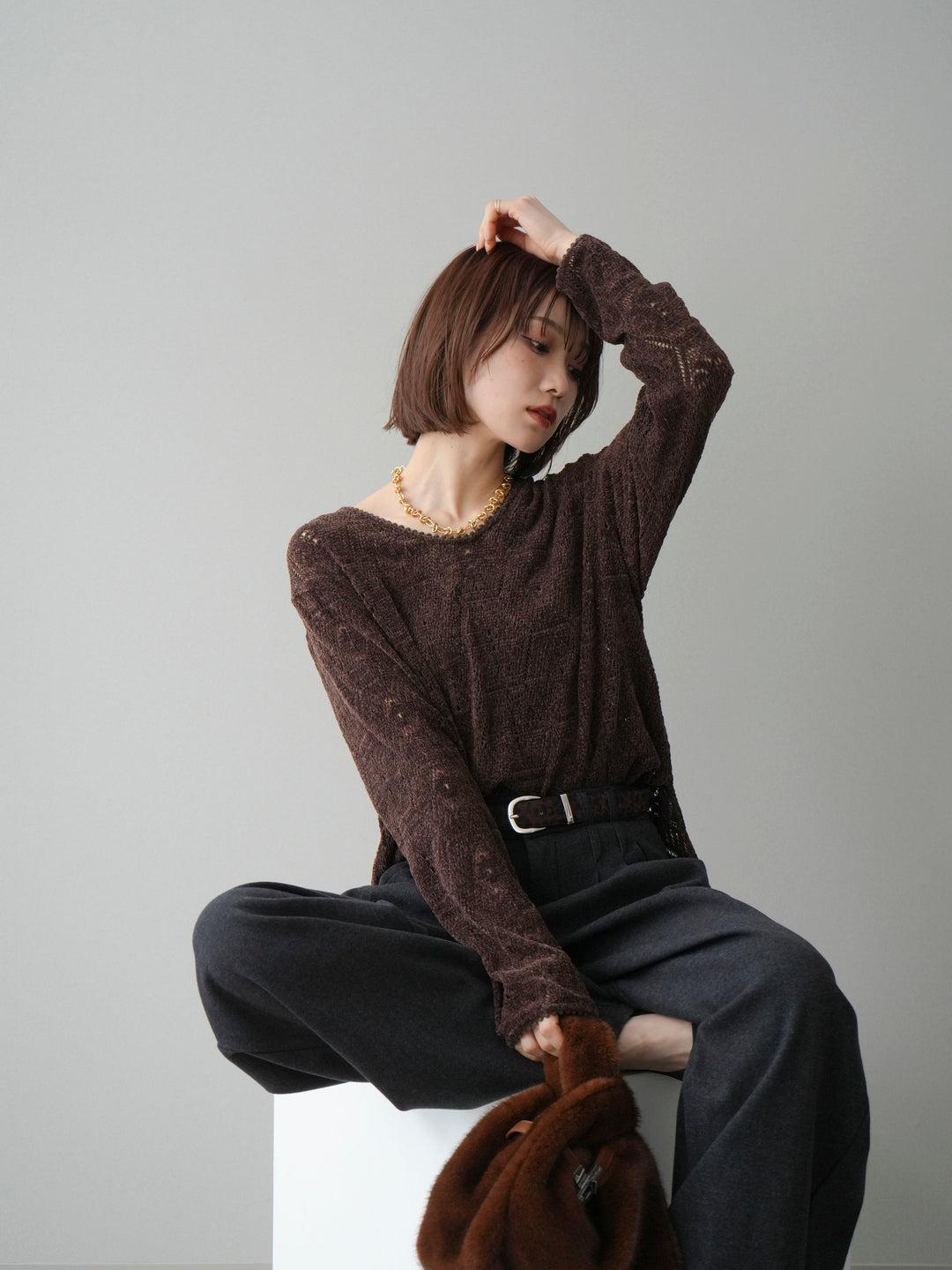 [予約]モール透かし編みニットトップス/brown