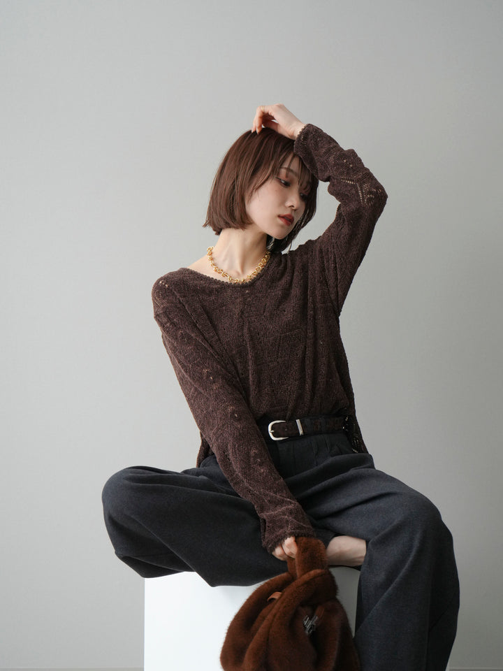 [予約]モール透かし編みニットトップス/brown